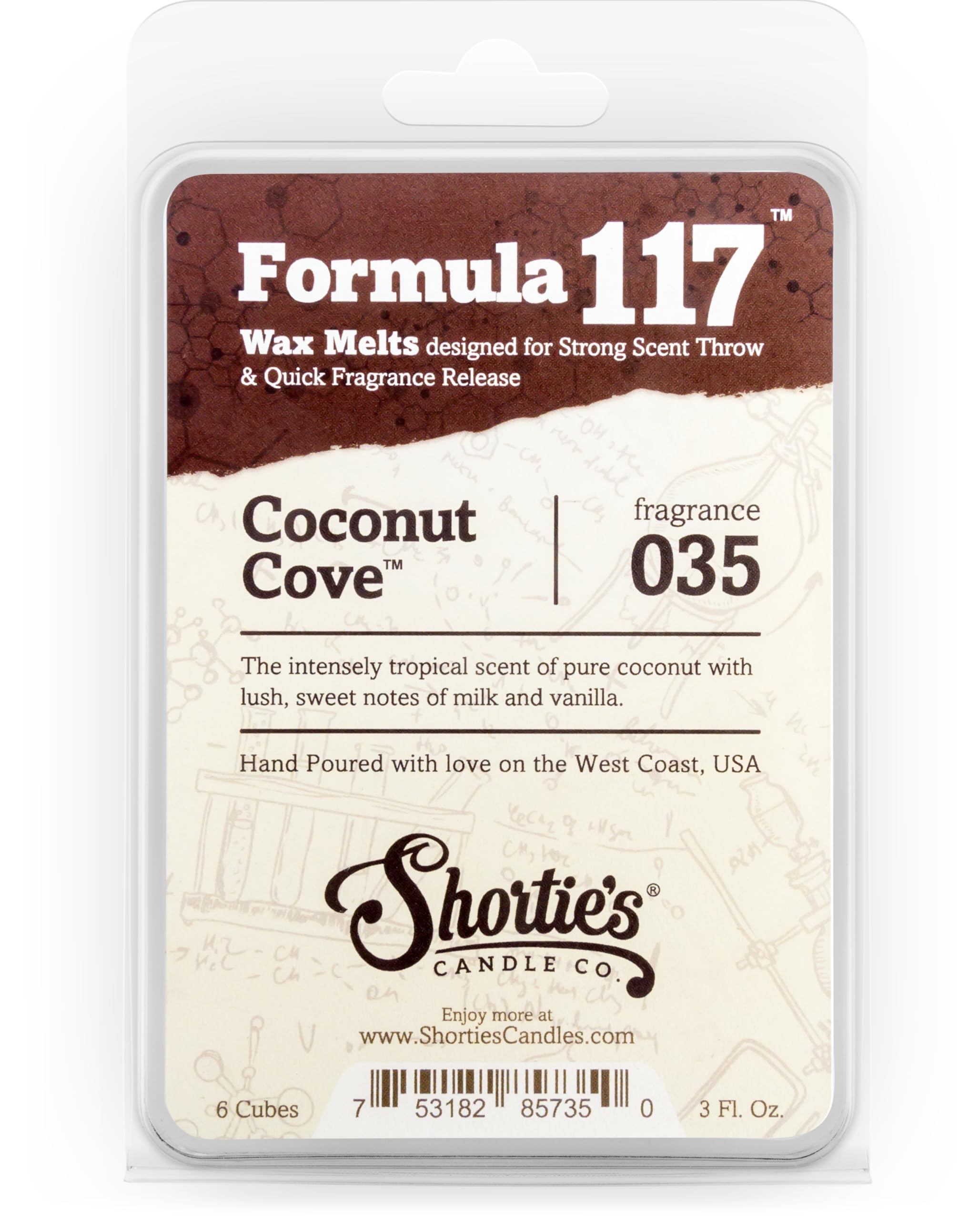 Shortie's Candle Company Coconut Cove Wax Melts - Formula 117-1 Highly Scented 3 Oz. Bar - Made with Natural Oils - Fruit & Berr